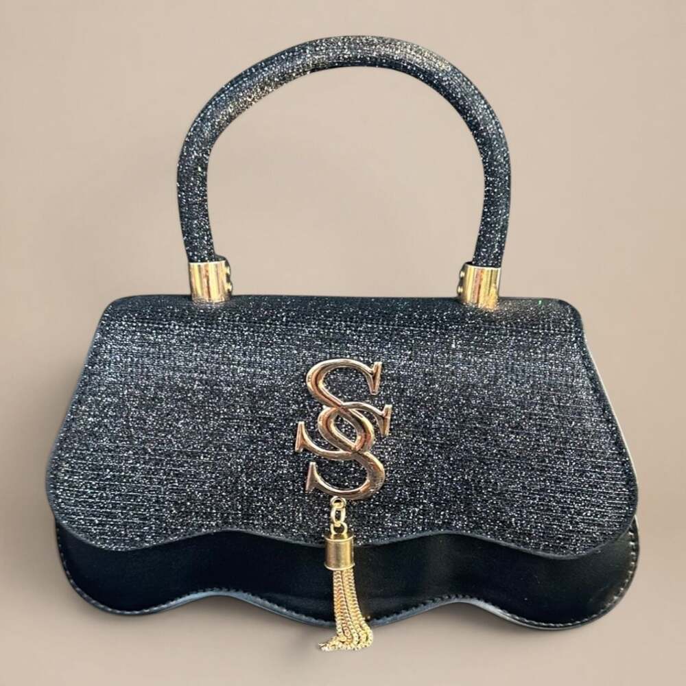 Black Glam Mini Handbag – Gold Detail & Sparkle Top ✨